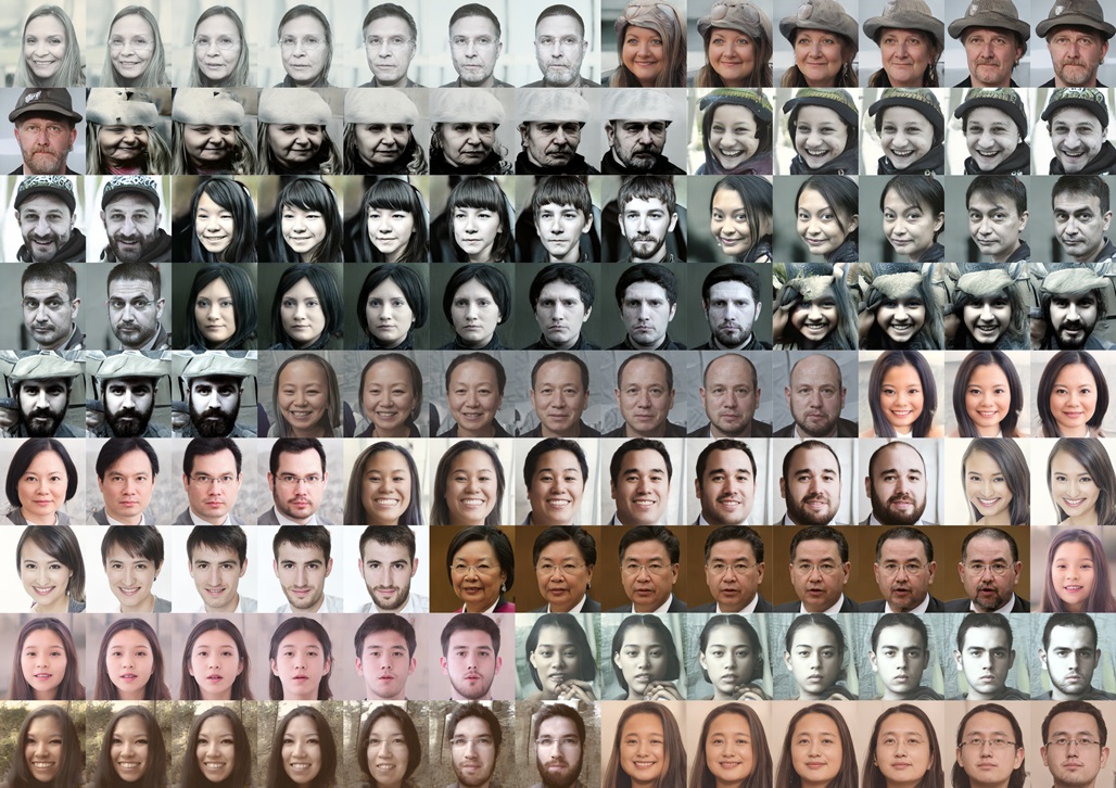 Faces synthesized by styleGAN laten traverse.
